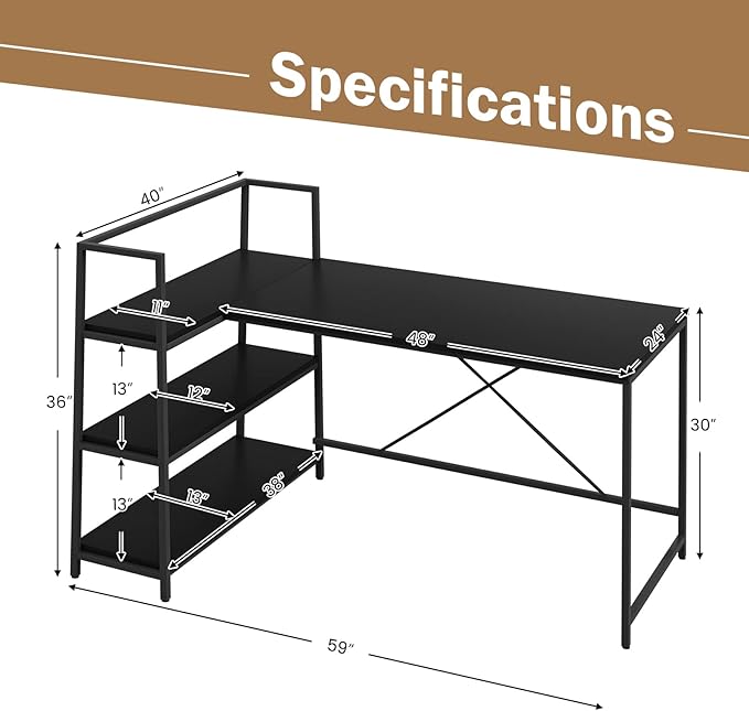 Tangkula Reversible L-Shaped Computer Desk Space Saving Corner Desk with 3-Tier Storage Shelves &amp Metal Frame Modern Executive Home Office Desk PC Laptop Desk Workstation for Small Space (Black