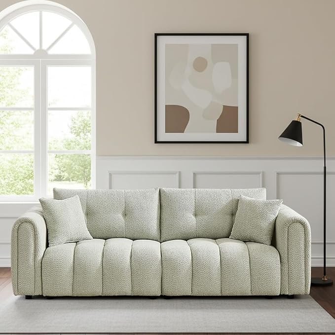 91.5 W Cloud Boucle Sofa for Living Room Modern Comfy Boucle Couch with Rolled Arms and Soft Pillows Cozy Teddy Oversized Loveseat for Apartment Studio Bedroom Sage Green