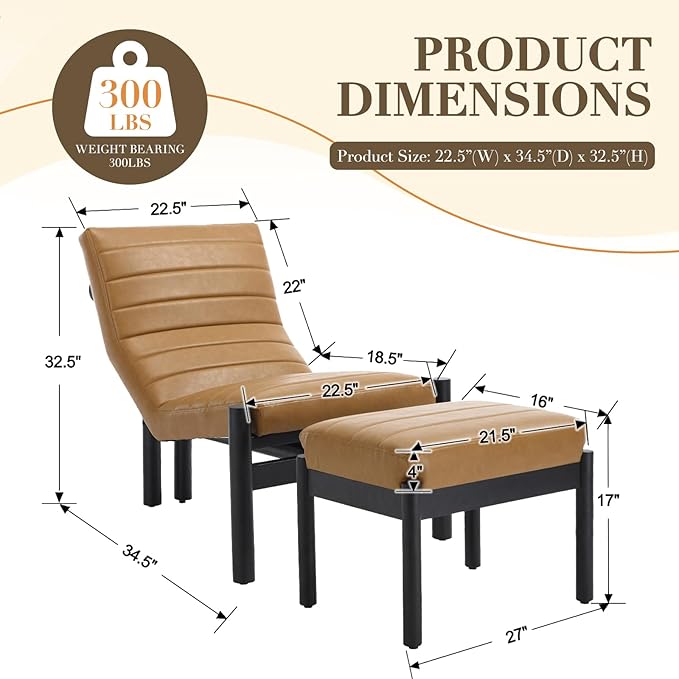 Upholstered PU Leather Accent Chair and Ottoman Set Modern Living Room Chair with Reclining Backrest and Footstool Small Reading Chairs for Living Room Bedroom Brown