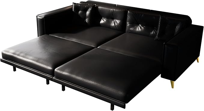 KEIKI 92.1 King Size Pull Out Sofa Bed 3-in-1 Faux Leather Convertible Sleeper Clouch with 2 Pillows 4-Seater Sofa Bed for Living Room Apartment Office Black