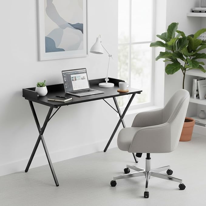 Homy Casa Modern Black Computer Desk with X-Frame Metal Legs 39.4 x 19.7 Writing Table Raised Edge Minimalist Home Office Workstation