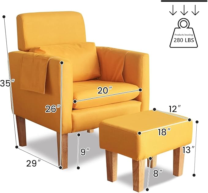 TAKUKA Modern Accent Chair with Ottoman SetComfy Fabric Armchair with Footrest Upholstered Chair with Side Pocket Soft Reading Lounge Chair for Living RoomBedroomOffice(Yellow)