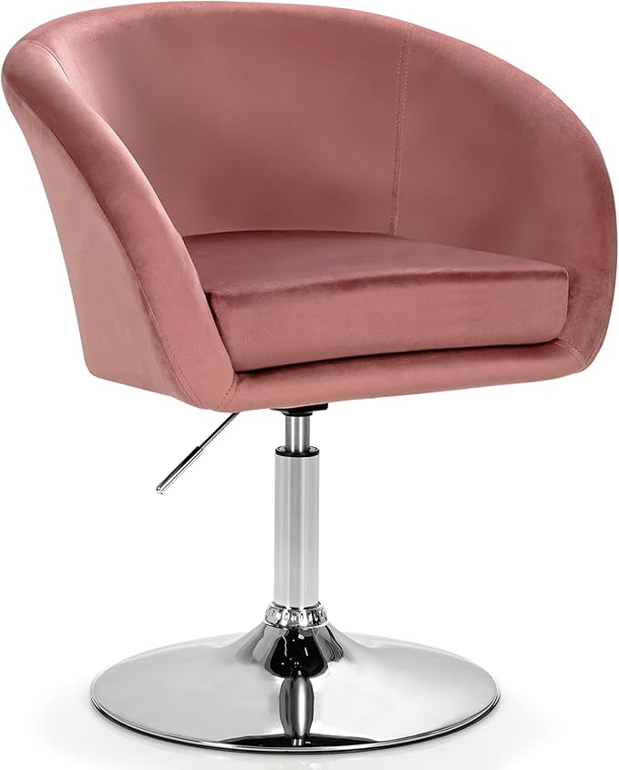 COSTWAY Vanity Chair Height Adjustable Modern Velvet Makeup Chair with Chrome Frame Round-Back Comfortable Swivel Accent Leisure Chair for Living Room Bedroom (Pink)