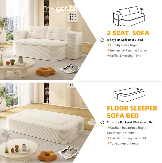 80 Convertible Folding Sofa Bed with Multi Functional BlanketKing Size Folding Mattress Sleeper Cloud Floor CouchCorduroy Boneless Sectional Couches for Living Room Bedroom (Beige)
