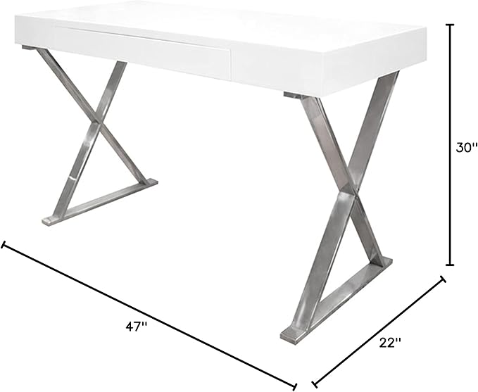 Barry 47 White Gloss Computer Desk with Center Drawer Sleek X Frame Sled Style Stainless Steel Base Modern Minimalist Office Desk for Home Study or Workspace (Silver)