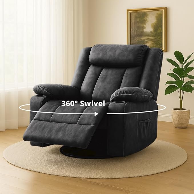 COMHOMA Recliner Chair360°Swivel Rocker Recliners with Cup Holders&ampSide PocketsManual Reclining Single SofaFabric Upholstered Lounge Chairs for Living RoomGray