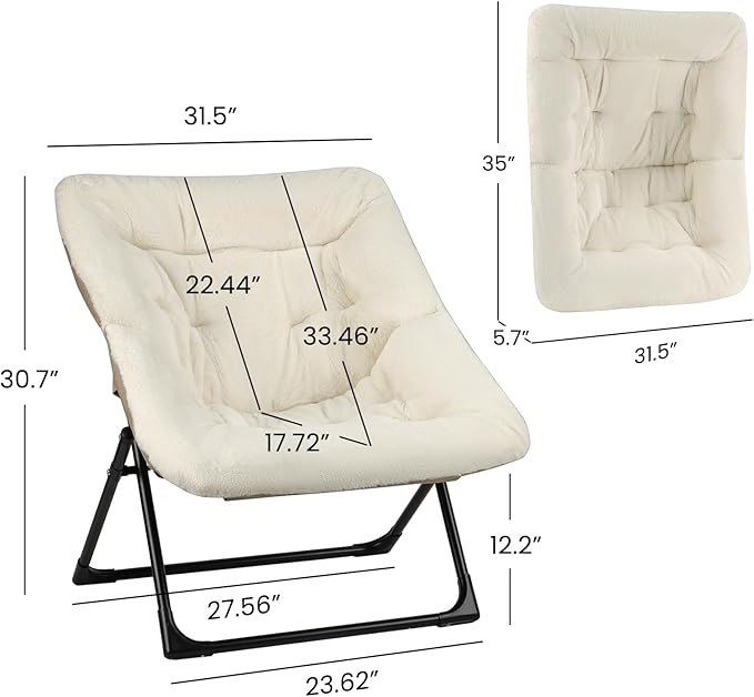 Comfy Saucer Chair for Adults Soft Faux Fur Bedroom Chair Accent Dorm Chairs Flexible Living Room Reading Chairs Oversized Folding Seat for Teens X-Large Beige