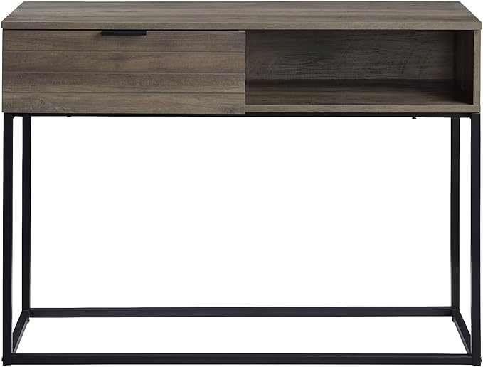Penau Rustic Oak Writing Desk with Black Metal Legs Compact Home Office Desk Modern Industrial Style Ample Storage Space