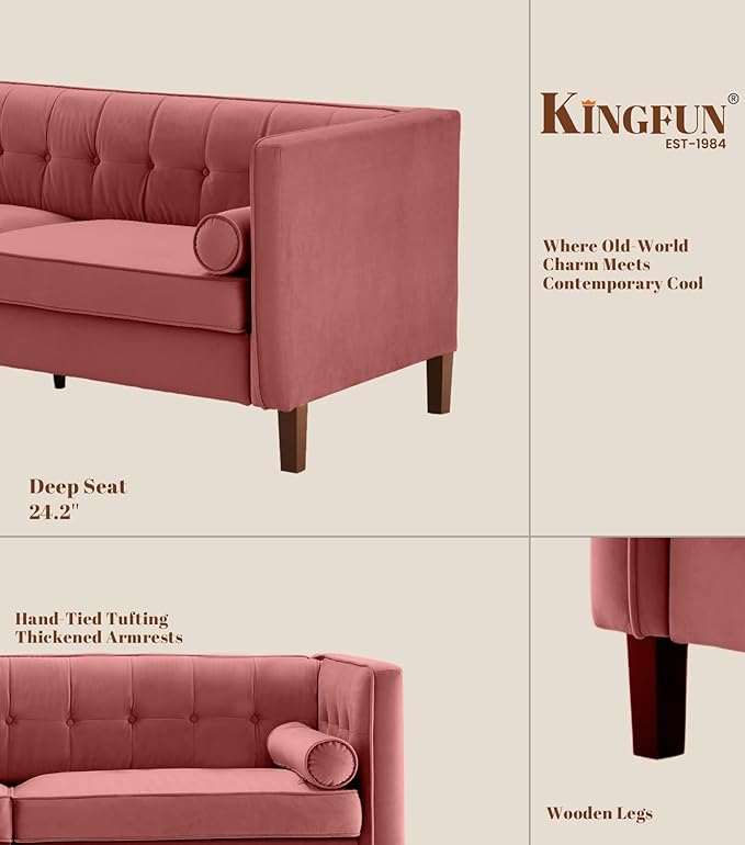 Kingfun Livingroom Furniture Sets Loveseat &amp 3 Seater Velvet Loveseat Couch Mid-Century Sofa Bolster Pillows Button Tufted Love Seats Toolless Assembly Pink
