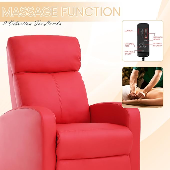 Recliner Chair Breathable Padded PU Leather Massage Single Sofa Recliners for Small Recliner Chair with Footrest Home Theater Seating for Bedroom Living RoomRed