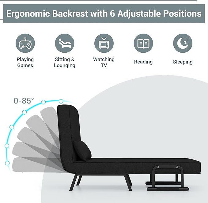MAT EXPERT Convertible Sleeper Chair with Pillow 4-in-1 Modern Folding Chair Bed with 6-Level Adjustable Backrest Single Comfy Couch Bed for Living Room Office Balcony Apartment (Black)