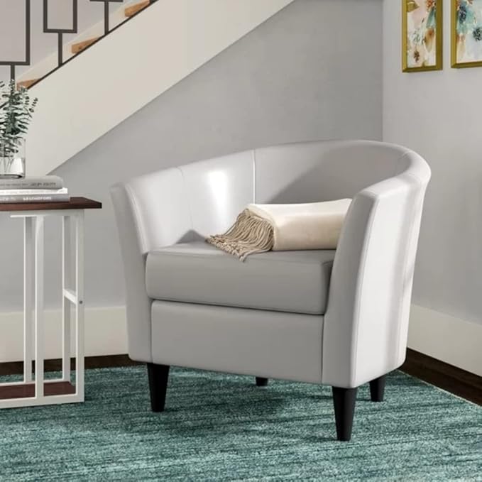Stylish Ivory Faux Leather Lounge Chair Living Room 31.5'' Wide Modern Style Solid and Engineered Wood Frame Black Tapered Dowel Legs | Foam Seat Material Tight Back Pretty White Shade Durable