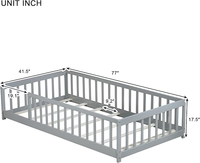 Bellemave Twin Floor Bed with Slats and Guardrails Wood Montessori Floor Beds with Fence Easy Assemble Floor Bed for Kids Girls Boys Gary