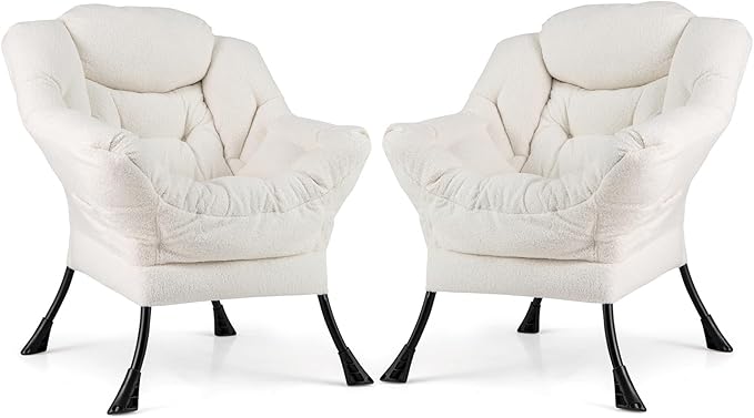 Giantex Set of 2 Lazy Chairs Modern Sherpa Accent Chair w/Upholstered Single Sofa Chair w/Armrests &amp Side Pocket Leisure Reading Lounge Chair for Living Room Bedroom Office Dorm (White)