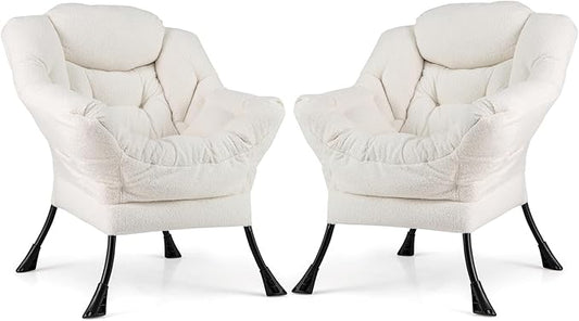 Giantex Set of 2 Lazy Chairs Modern Sherpa Accent Chair w/Upholstered Single Sofa Chair w/Armrests &amp Side Pocket Leisure Reading Lounge Chair for Living Room Bedroom Office Dorm (White)