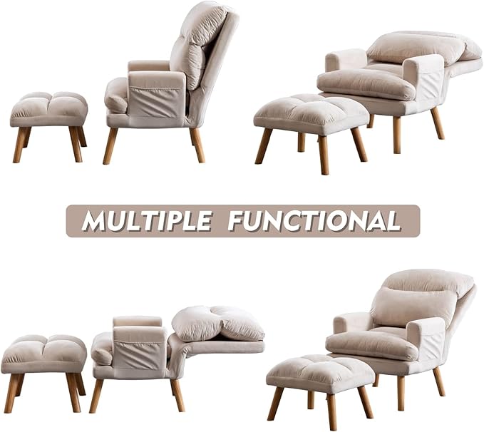 CANMOV Modern Accent Chair with Ottoman Set of 2 Soft Fabric Armchair with Adjustable Backrest and Side Pockets Comfy Lounge Chair for Living Room Bedroom Apartment Office Beige