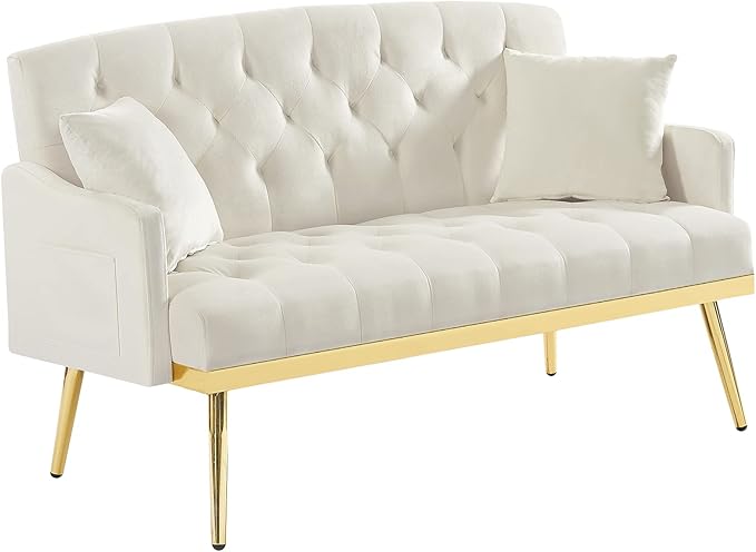 Velvet Tufted Small Loveseat Sofa Modern 2 Seater Accent Sofa Couch with Gold Metal Legs and 2 Pillows for Living Room (Cream White)