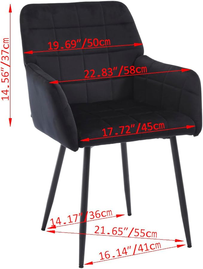 Black Velvet Modern Living Room Chair Set of 1 upholstered Kitchen Chair with Black Metal Cross Legs Tufted Side Chair with arms and high Back