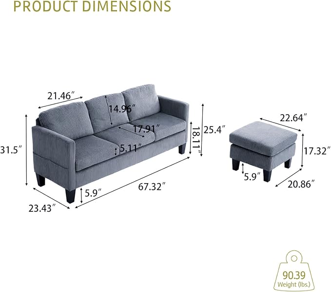 67'' L-Shaped Velvet Modular Sectional Couch Sofa with Ottoman 3-Seat Convertible Cloud Deep Seat Sofa Couches for Living Room Bedroom Apartment Cozy Chaise Lounge Sofas (Gray)