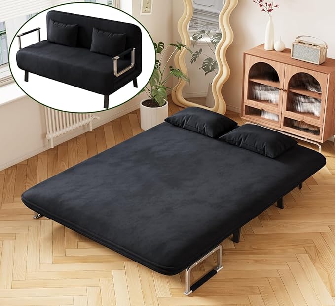 Convertible Queen Sleeper Chair Bed 55 Tri-Folding Sofa with 6 Adjustable Backrests Comfy Velvet Loveseat Sleeper Modern Futon Sofa Bed for Living RoomSmall SpaceOffice (Black)