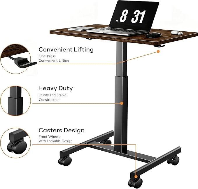 Mobile Small Standing Rolling Desk Adjustable Height Portable Laptop Desk on Wheels Computer Workstation for Home Office with HookRustic Brown
