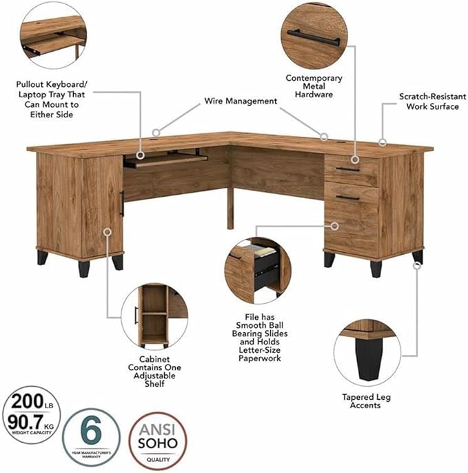 BOWERY HILL 72W L Shaped Desk with Storage Fresh Walnut Finish Engineered Wood Wire Management Pull-Out Keyboard Tray Adjustable Shelf File Drawer Home Office or Living Room Desk