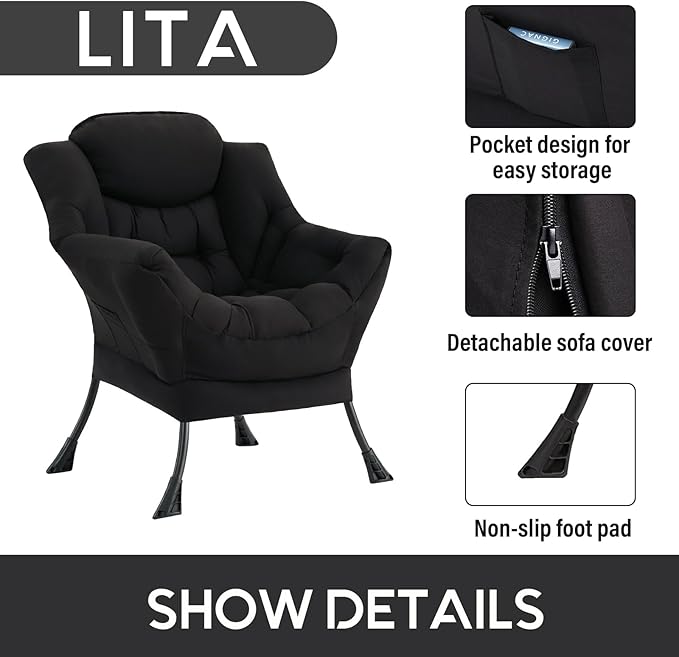 LITA Lazy Chair with Armrests and Side Pocket Modern Upholstered Accent Reading Chair for Living Room Bedroom Dorm Small Spaces Single Black