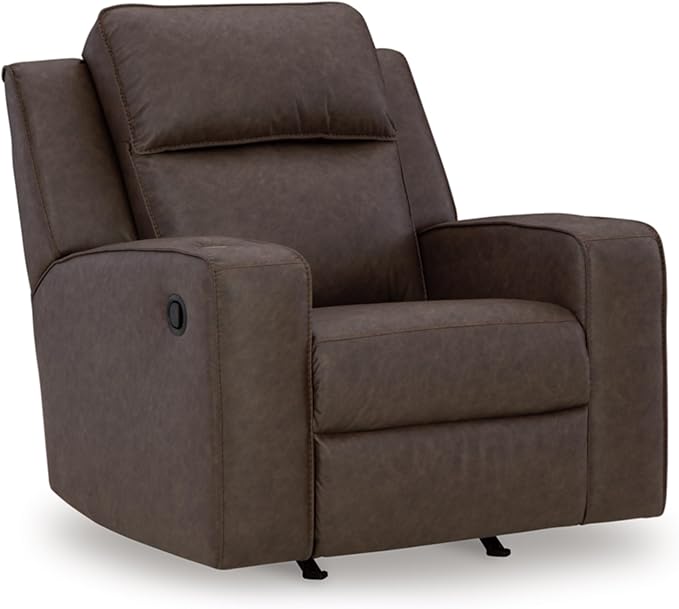 Signature Design by Ashley Lavenhorne Contemporary Faux Leather Upholstered Manual Rocker Recliner with 2 Cup Holders Dark Brown