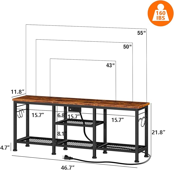 Furologee TV Stand with Power Outlets Entertainment Center with Open Storage Shelves for TVs up to 55 Inch Media Console Table with Soundbar Shelf for Living Room Bedroom Rustic Brown