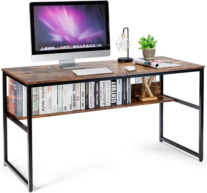 DORTALA 55 Industrial Computer Desk Contemporary Writing Table w/Storage Shelf Large Tabletop Sturdy Metal Structure Adjustable Foot Pads