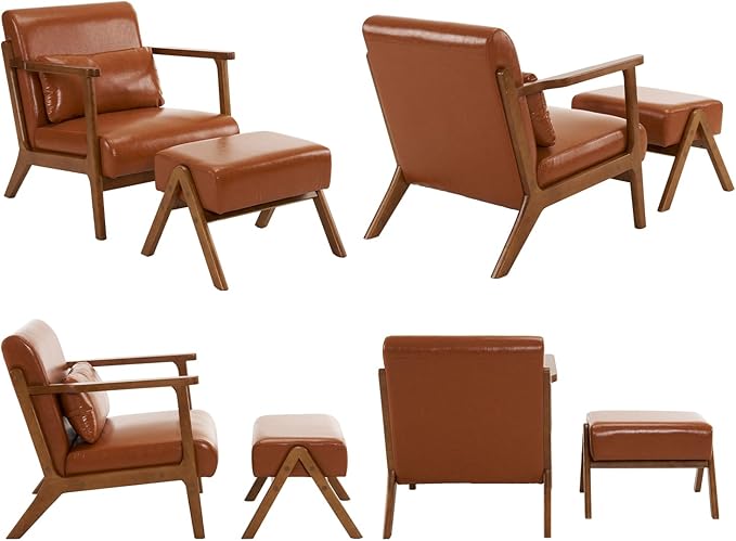 Accent Chair and Ottoman Set Mid-Century Modern Faux Leather Armchair with Solid Wood Frame for Living Room Bedroom Balcony Brown