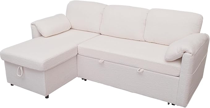 Tbfit 83'' 3 in 1 Sleeper Sofa Couch with USB &amp Storage Chaise Sherpa Sofa Bed with Pull Out Bed Convertible Sleeper Sofas for Living Room Small Spaces White