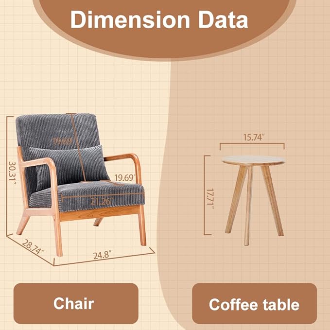 Mid-Century Accent Chair Upholstered Fabric Living Room Chair with Solid Wood Frame Modern Small Side Arm Chairs Comfy Wingback Reading Chair for Bedroom Office (Dark Grey A+Table)
