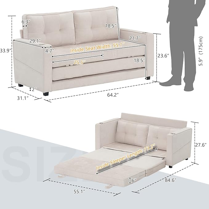 VINGLI Upgraded 64 W 84 L Full Size Futon Sofa Bed 6 Thick Upholstery Chenille Loveseat Sofa Sleeper Pull Out CouchConvertible Floor Couch for Living Room Bedroom Entertainment Room Beige