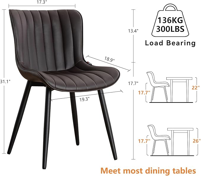 YOUNUOKE Dining Chairs Set of 2 Upholstered Mid Century Modern Kitchen Chair Comfortable Armless Faux Leather Accent Chair with Metal Legs for Guest Waiting Reception Living Room Dark Brown