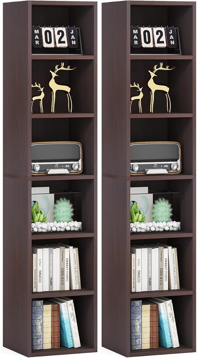 LITTLE TREE 70.9 Inch Tall Narrow Bookcase Set of 2 Modern Bookshelf 6 Tier Cube Display Shelf Storage Organizer for Small Space Brown