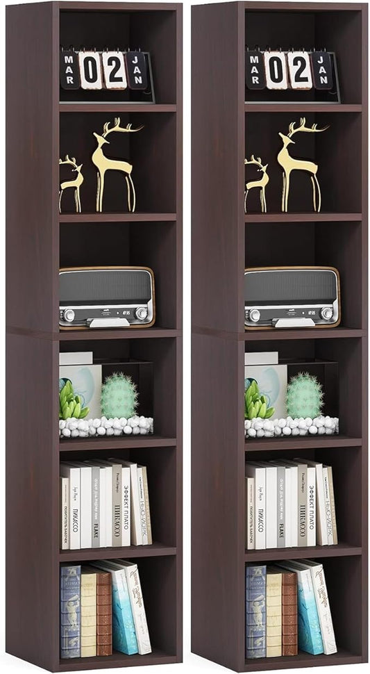 LITTLE TREE 70.9 Inch Tall Narrow Bookcase Set of 2 Modern Bookshelf 6 Tier Cube Display Shelf Storage Organizer for Small Space Brown