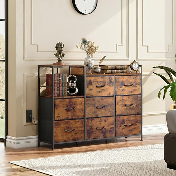 TV Stand with Charging Station Entertainment Center with 8 Fabric Drawer TV Media Console Table Open Storage Shelves Wood Top for Living Room Hallway Rustic Brown