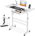 GTPLAYER Small Mobile Standing Desk 32In Wide Adjustable Height Stand Up Desk for Home Office Portable Sit Stand Rolling Computer Desk with Wheels Storage Drawer and Slot Carbon Fiber Style White