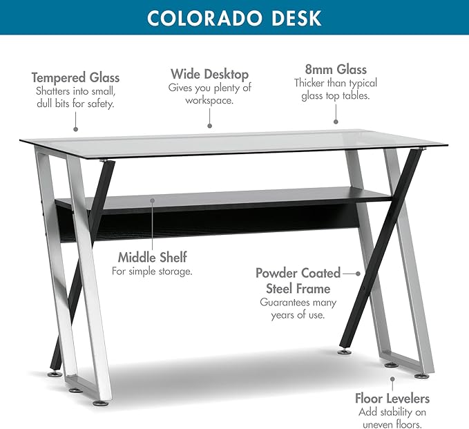 Calico Designs Colorado Glass Desk – 47 Modern Writing Desk with Tempered Glass Top Steel Frame &amp Storage Shelf – Home Office Computer or Study Table Black/Silver