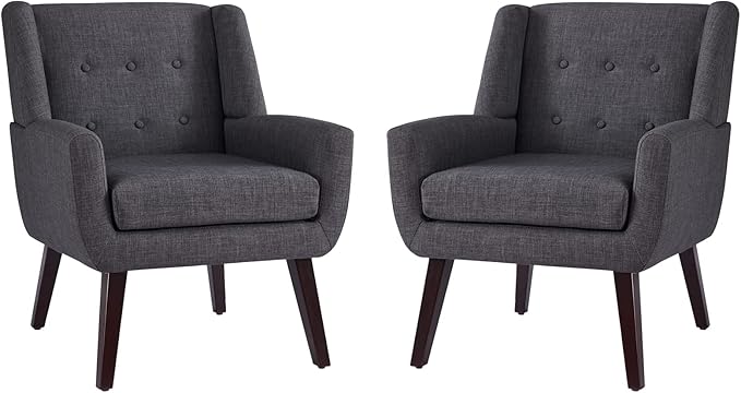 HUIMO Accent Chair Arm Chair Set of 2 Button Tufted Upholstered Reading Chair Linen Fabric Mid Century Modern Chairs for Bedroom Living Room Chair Comfy Sofa Chair(2 Grey)