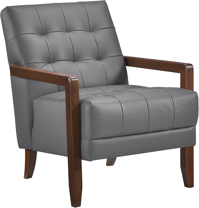 Lexicon Modern Accent Chair Luxury Genuine Leather Match Living Room Chair with Tufted Cushions Solid Wood Frame and Arm Rest Comfy Upholstered Single Seat for Bedroom/Reading/Office Dark Gray