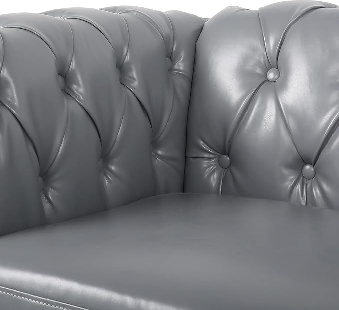 RARZOE Modern 2 Pieces Living Room Sofa Set Contemporary Tufted Button Faux Leather Three-Seater Couch and Accent Club Chair with Nailhead Trim Scroll Arms for Home Furniture Grey