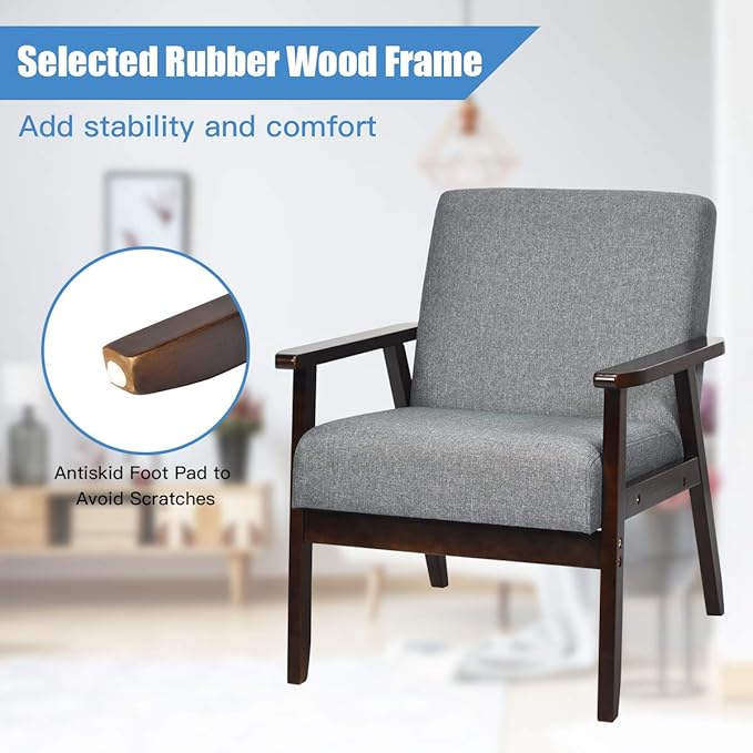 Giantex Set of 2 Mid-Century Modern Accent Chair Retro Fabric Armchair Solid Hardwood Made Upholstered Linen Lounge Arm Chair for Living Room (Dark Grey)