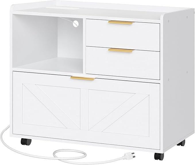 HOOBRO Lateral File Cabinet Wooden Office Storage Drawers with Charging Station Filing Cabinet for Home Office A4/Letter/Legal-Sized Files Printer Stand with Open Storage Spaces White WT37UWJ01