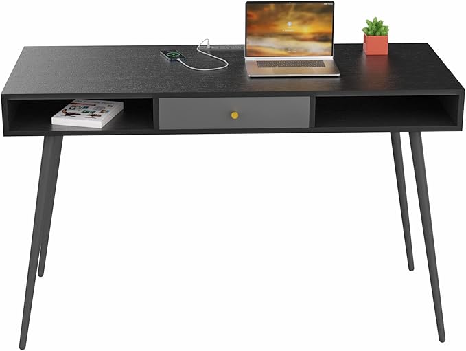 Generic Mid Century Desk with USB Ports and Power Outlet Modern Writing Study Desk with Drawers Multifunctional Home Office Computer Desk Black