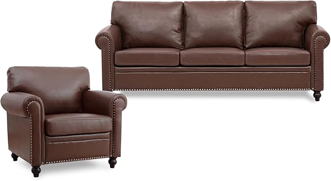 Brown Faux Leather 3 Seater Couches and Sofa Chair Set with Rivet Rolled Arm Modern Mid Century Sofas for Living Room Apartment Office Easy Assembly (Brown PU One Sofa+0ne Chair)