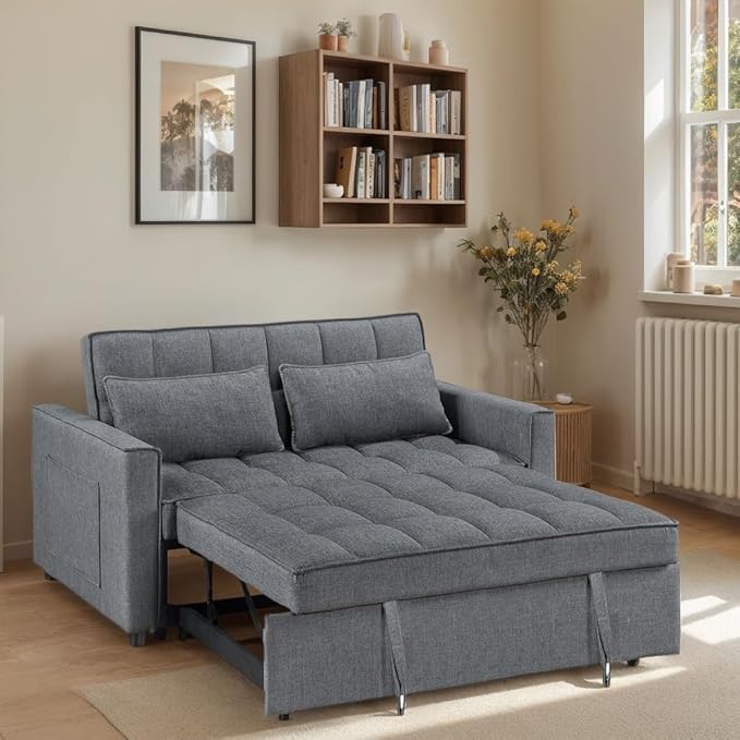 3-in-1 Convertible Loveseat Sofa Bed with Pull Out Bed and Storage Sectional Counch for Living Room Apartment Bedroom Office Adjustable Backrest Darkgray