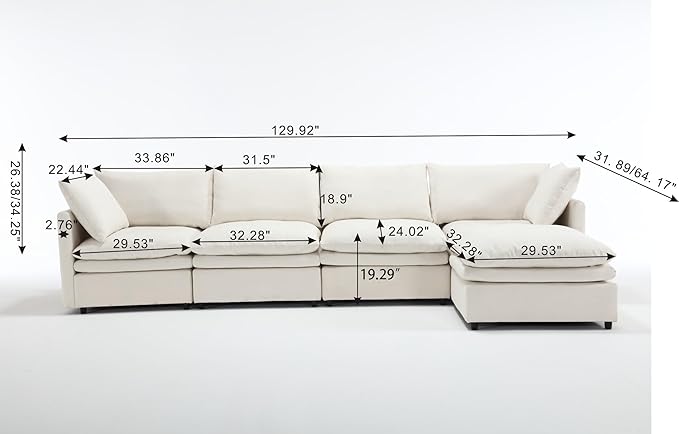 kevinplus 129.92'' Modular Sectional Sofa Couch with Convertible Ottoman for Living Room Modern Contemporary 4-Seat L-Shape U-Shape Upholstered Sofa Couch Free Combination Polyester Fabric Beige