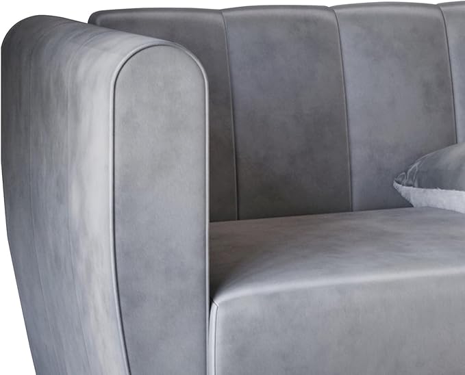 HOME DESIGN Scarlett Glam Velvet Flared Arm 3-Seater Sofa with Channel Tufting 4 Throw Pillows Gold Metal Legs Silver Gray